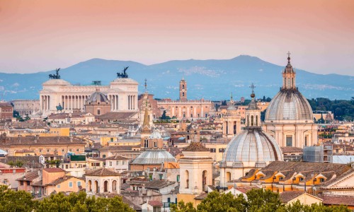 Cityscape of Rome from Castel Sant'Angelo, Rome, Italy. Skyline of Rome, with its best architecture and landmarks. Rome panorama is a top romantic choice at sunset.